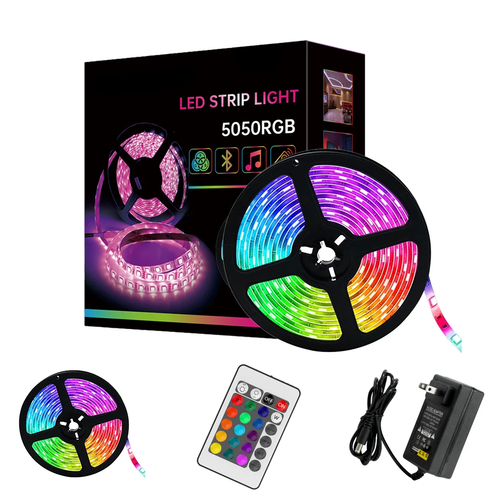 5M/Box RGB LED Strip Lights Kit 5050 150LEDs Flexible LED Strip +24 Keys IR Remote Controller + 12V 10A Power Adapter