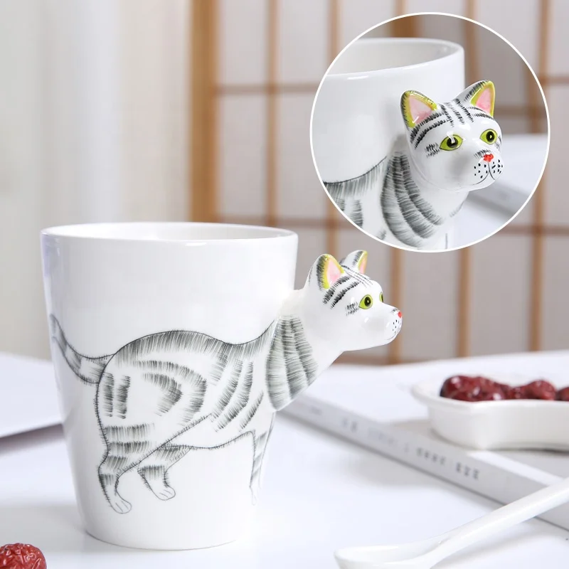 Baby use child use lovely 3d animal cat design ceramic coffee water mug cup with animal handle made in china