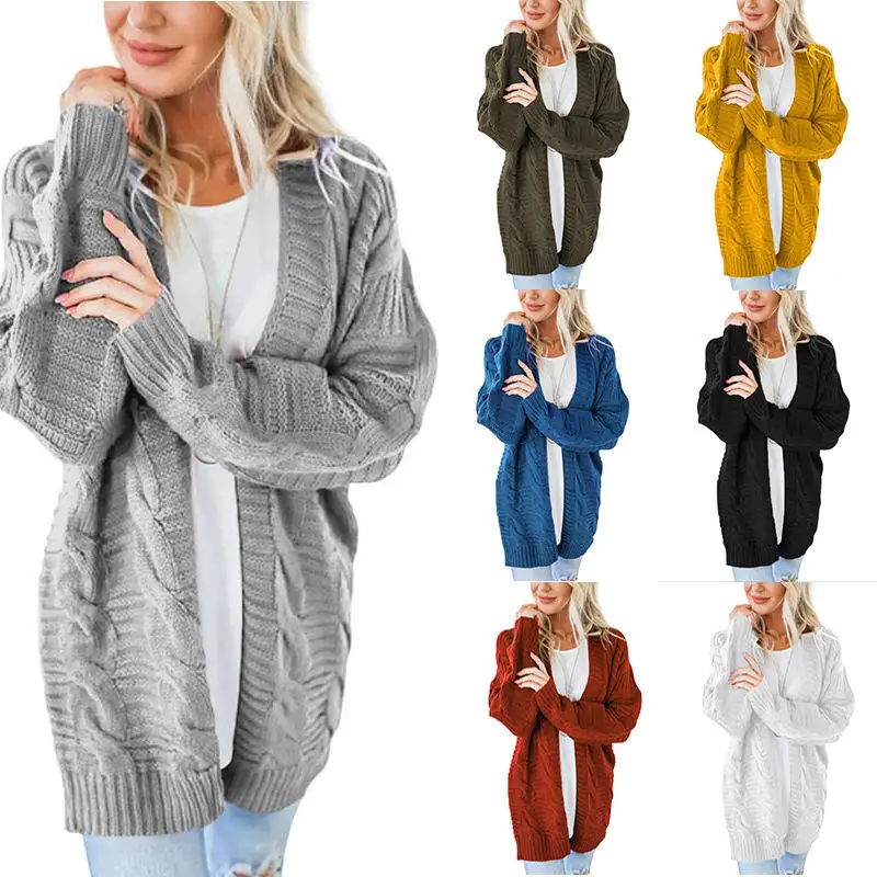 Wholesale Women Red Aesthetic Design Pattern Open Outerwear Coat sweater Long Cable Woman Cardigan Knit Sweaters Knitting Models