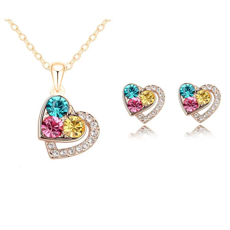 New Arrival Heart Crystal Necklace Bling Diamond Crystal Stud Earrings Necklace Sets for Women Jewelry