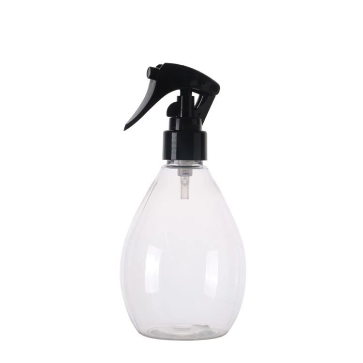 300ml 500ml water drop shape PET plastic bottle with plastic trigger sprayer