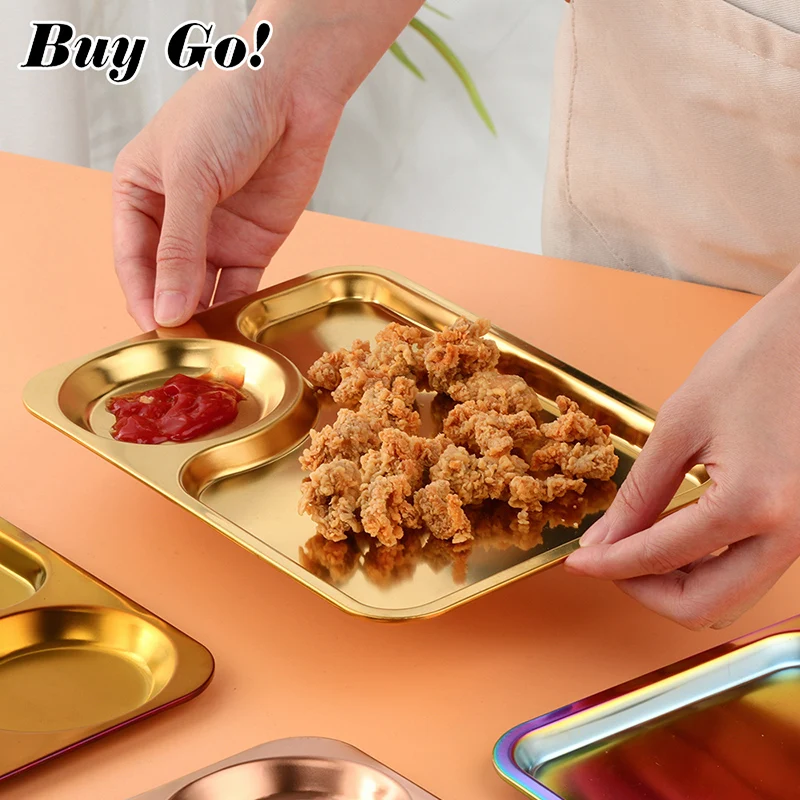 Hotel Restaurant Buffet Serving Tray 304 Stainless Steel Golden Food Snack Plate with Sauce Dish