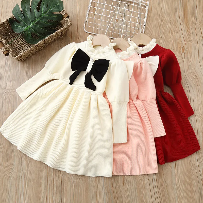 winter wholesale kids clothing little girls sweater dress red long sleeve bow Korean design ruffles boutiques tz02