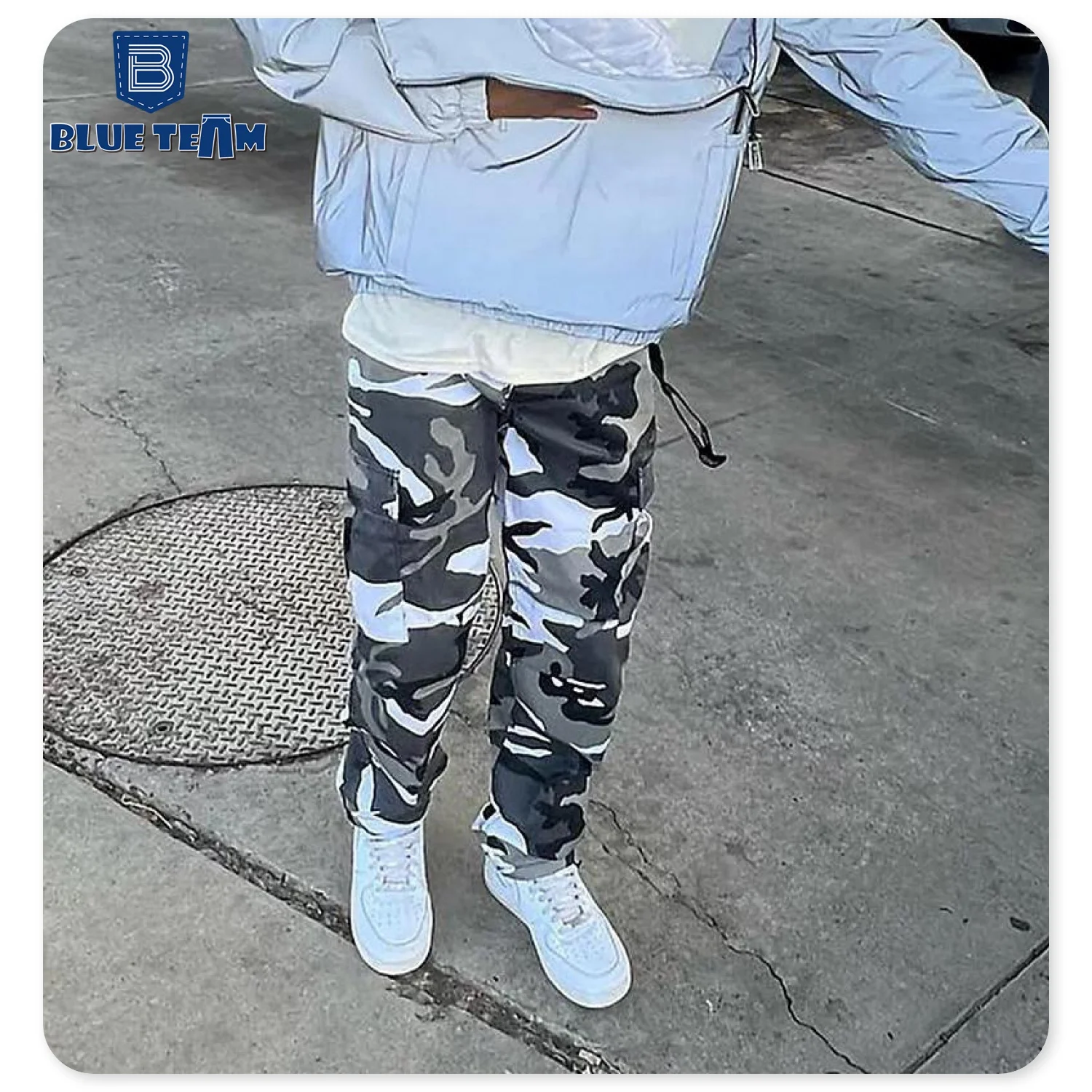 Blue Team | Custom printed embroidery logo hip hop tactical camo cargo pants zipper up baggy jogger camouflage pants for men