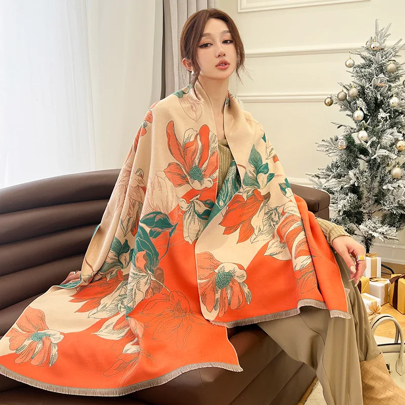 Luxury Women floral print large Autumn Winter Warm Shawl Faux Cashmere Scarf Ladies