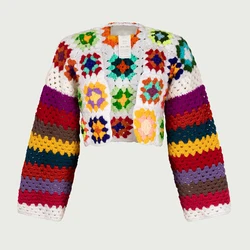 OEM & ODM Summer Custom Retro Color Hollow Out Knit Square Hand Crochet Cropped Sweater Women Cardigans