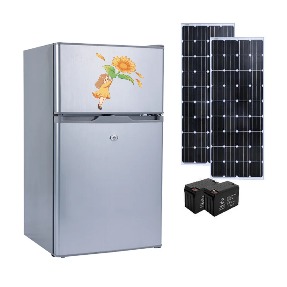 Practical appliance Double Door Refrigerator 108L Top Freezer with solar system DC 12 24V Fridge energy saving