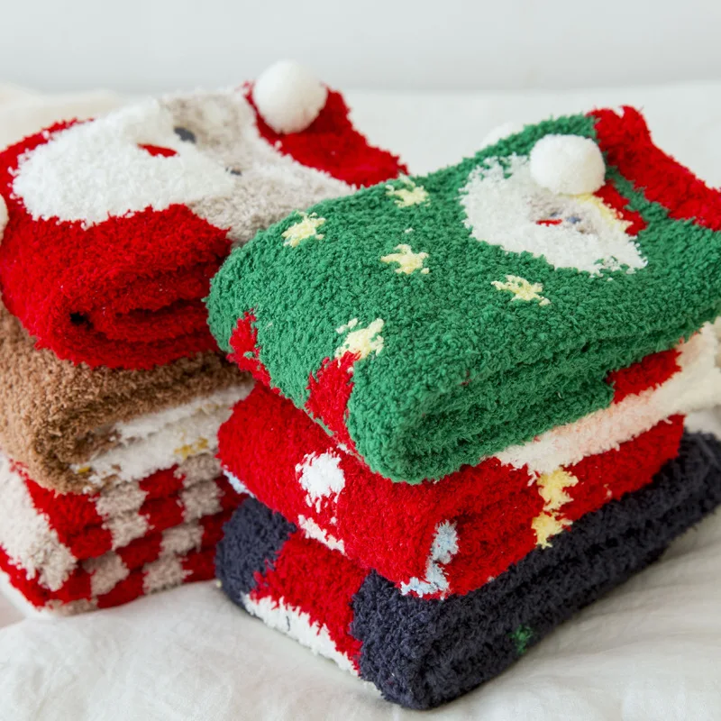Christmas socks female autumn and winter tube socks pure cotton plus velvet thick sleep socks coral velvet warm cute velvet soc