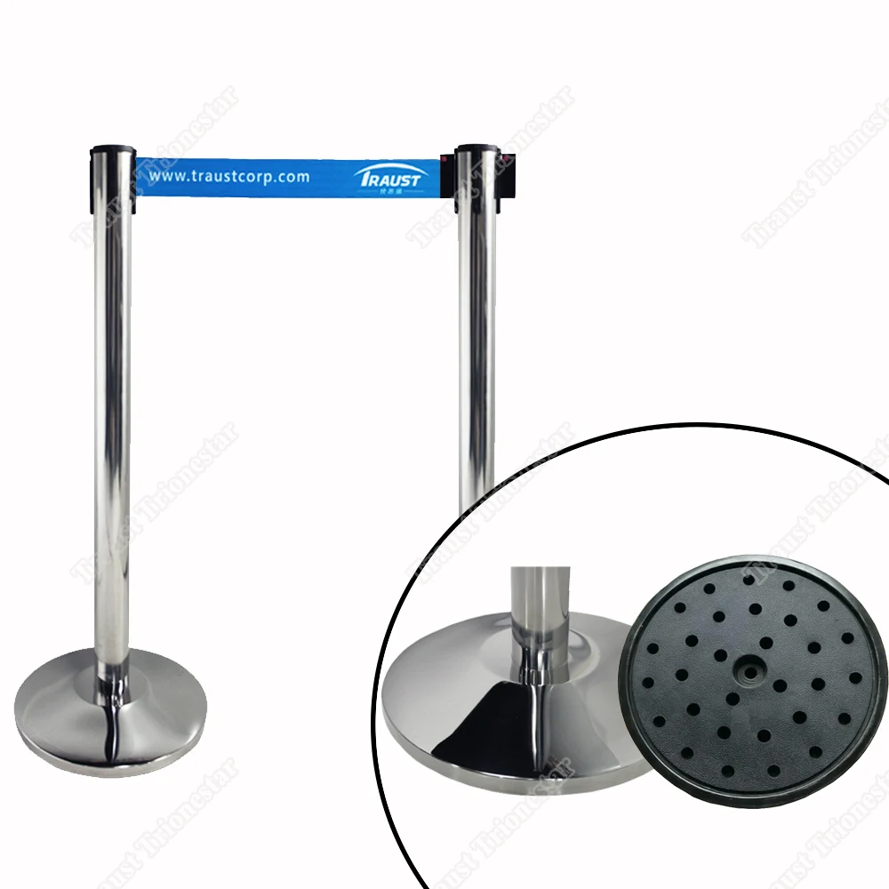 Traust museum exhibition traffic metal steel queue crowd control sign stand concrete base retractable belt barrier stanchions