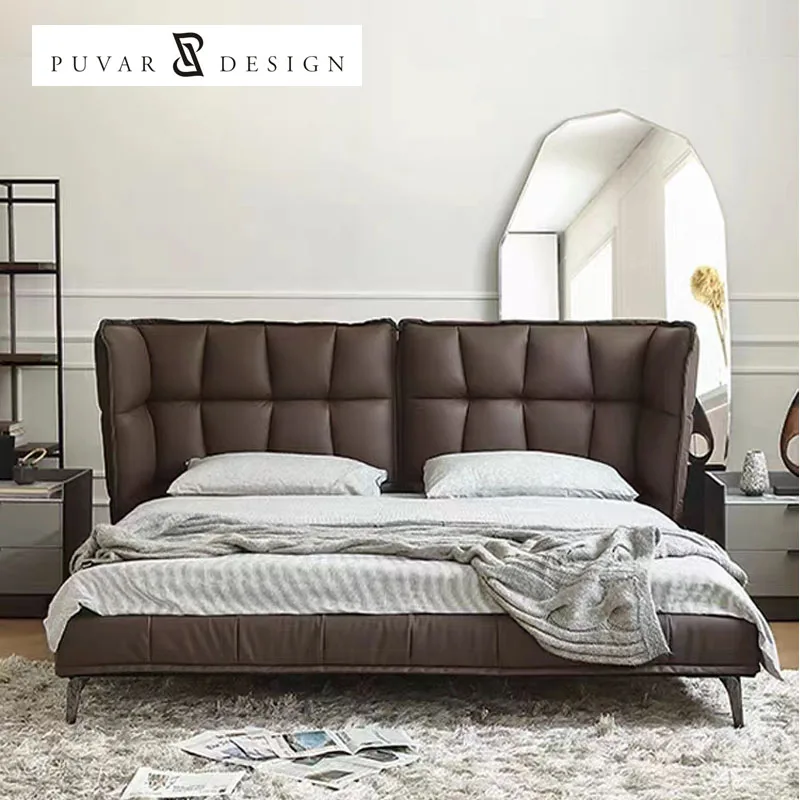Full bedroom Leather double bed Modern simple Master bedroom queen bed solid wood light luxury