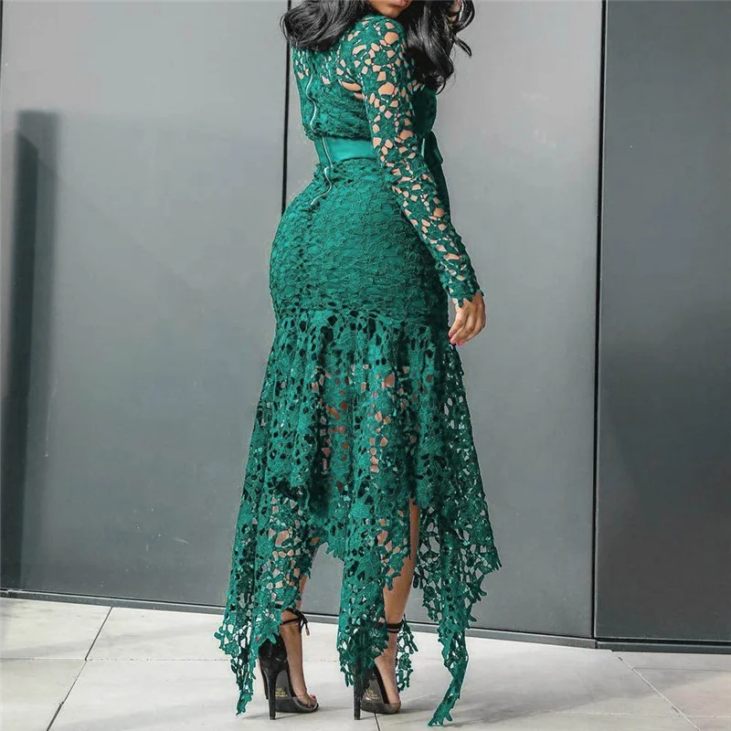 
2020 Hollow Mesh Sexy Lace Long Sleeve Maxi Dresses Women Plus Size Dress 