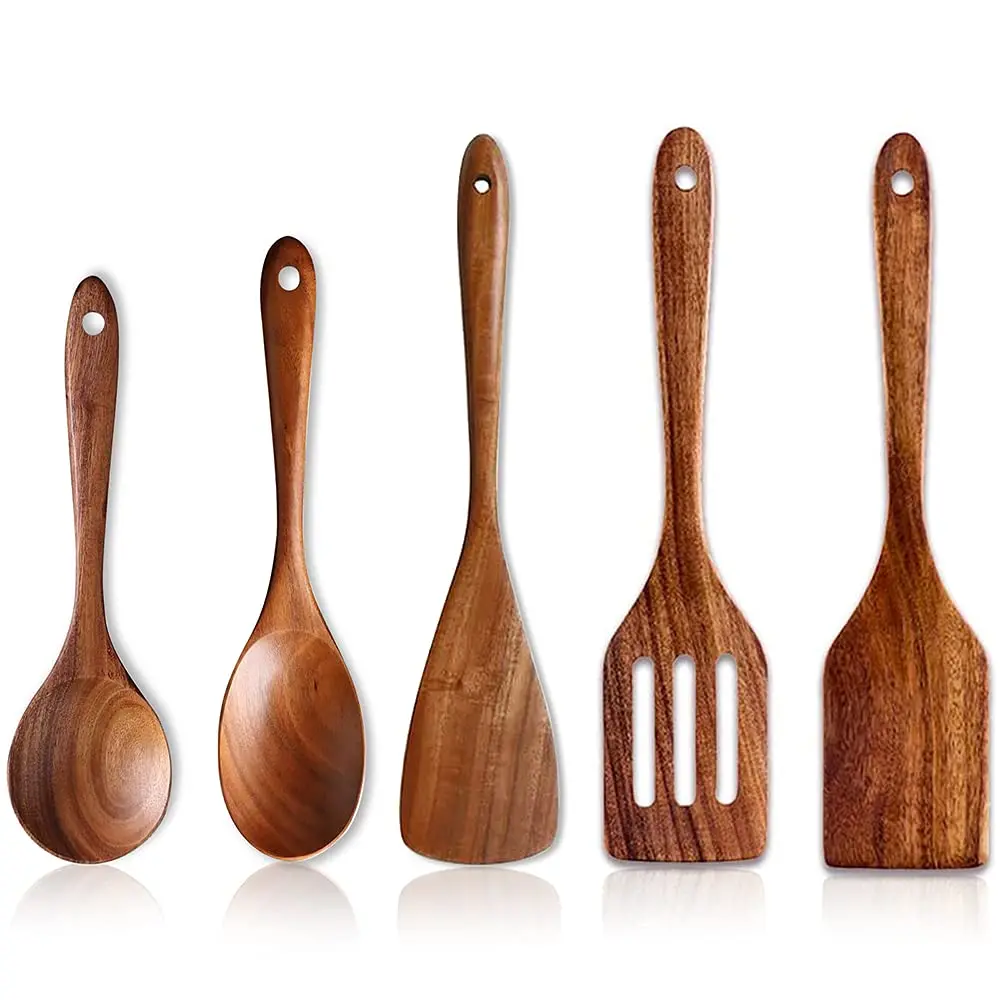 Wooden Kitchen Utensils set for kitchen and Cooking Natural Teak Wooden Utensil Set Nonstick Kitchen Utensils set