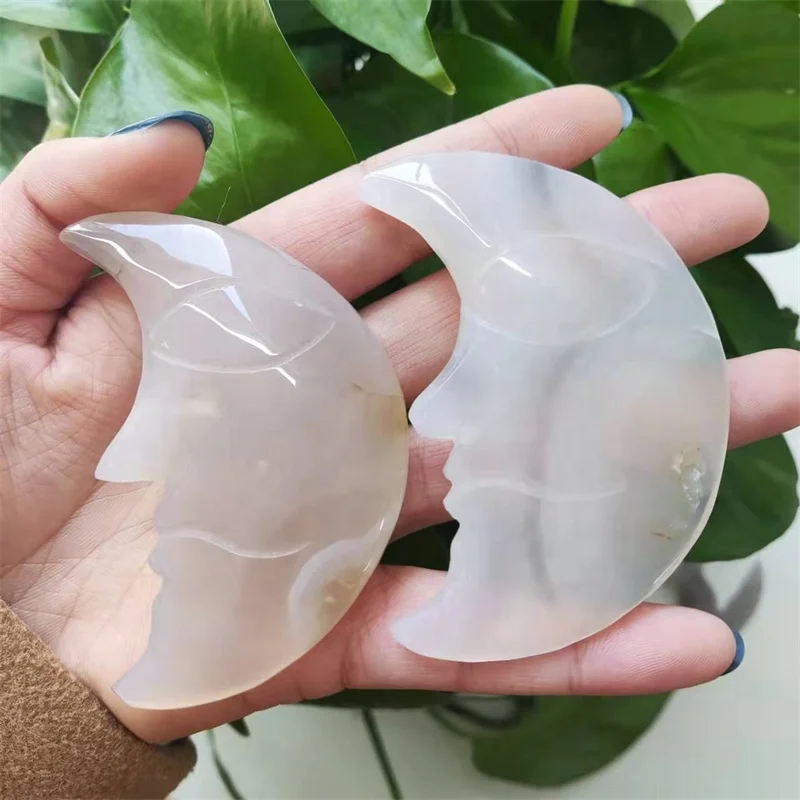 Wholesale Natural Crystal Flower Agate Moon Carving Craft Ornament Cherry Blossom Agate Moon For Decoration