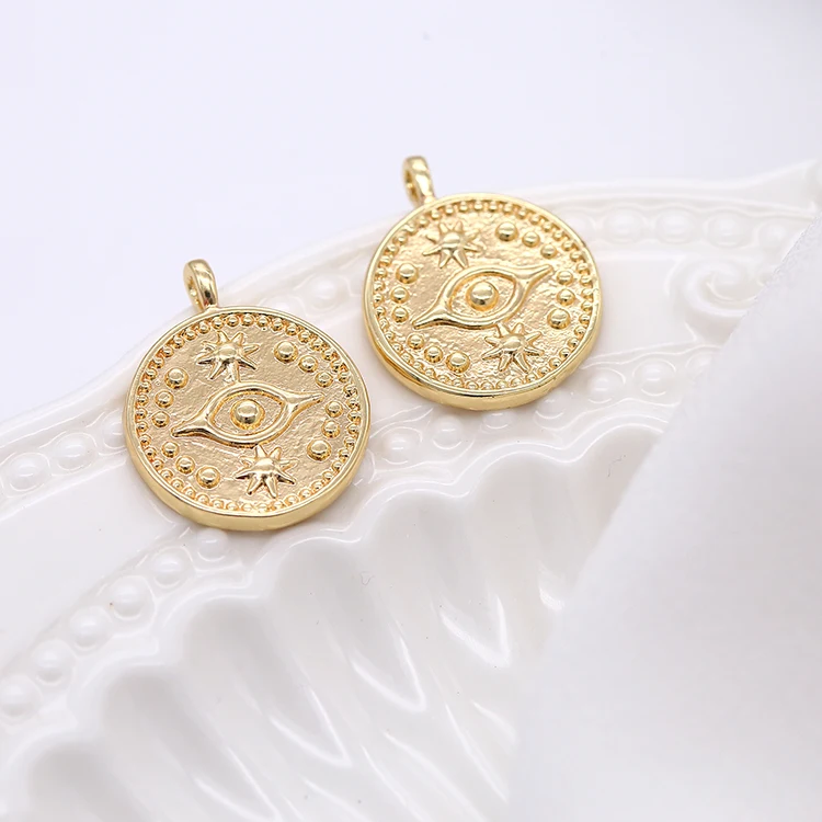 Factory Wholesale Pentagram Eye Shape Copper 14k Gold Plated Jewelry Coin Pendant for Necklace