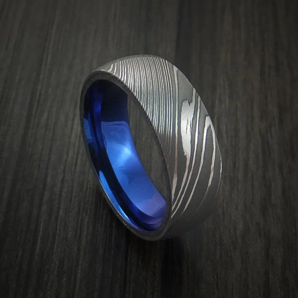 
Beautiful deer antlers Damascus steel ring professional ring men with polished blue inlay 