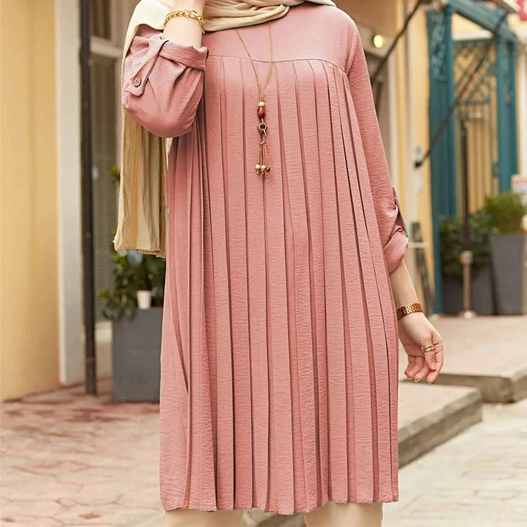 New Summer Muslim Multicolor Pleated Loose Islamic Clothing Women Modest Blouses Chiffon Long Shirts For Women Muslim