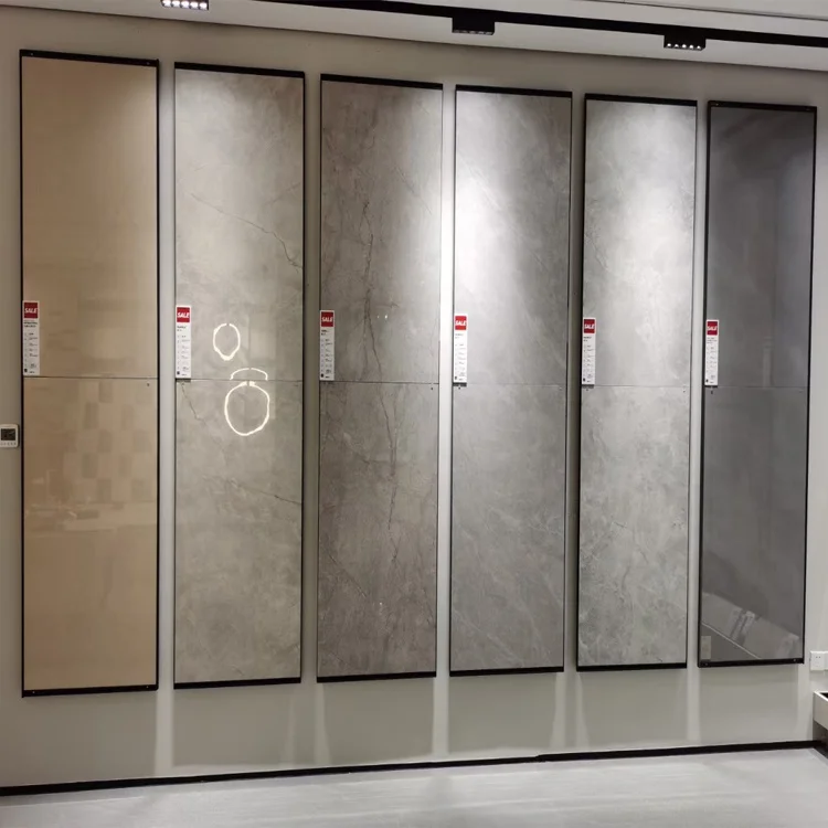 Latest rotating and sliding stone marble stainless display pedestal rack floor stone vertical display rack stand of ceramic tile
