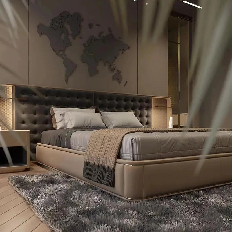 Italian light luxury high-end villa master bedroom leather double King Size  bed