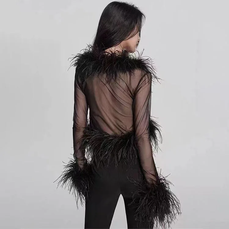 Customized Women 100% Silk Transparent Long Sleeve Feathers Blouse