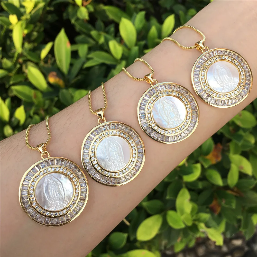 LS-B1414  Virgin mary shaped charm necklace cubic zircon pave charm necklace letter gold plated cz necklace jewelry