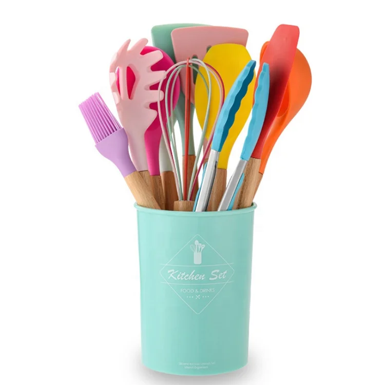 
 Горячая Распродажа, изготовленные на заказ экологически чистые мягкие деревянные силиконовые кухонные инструменты, набор кухонной утвари с держателем от поставщика  