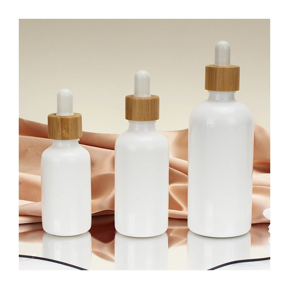 30ml 50ml 100ml White Glass Essential Oil Dropper Bottles White porcelain Empty Cosmetic Packaging Vials Bamboo Wood Lid