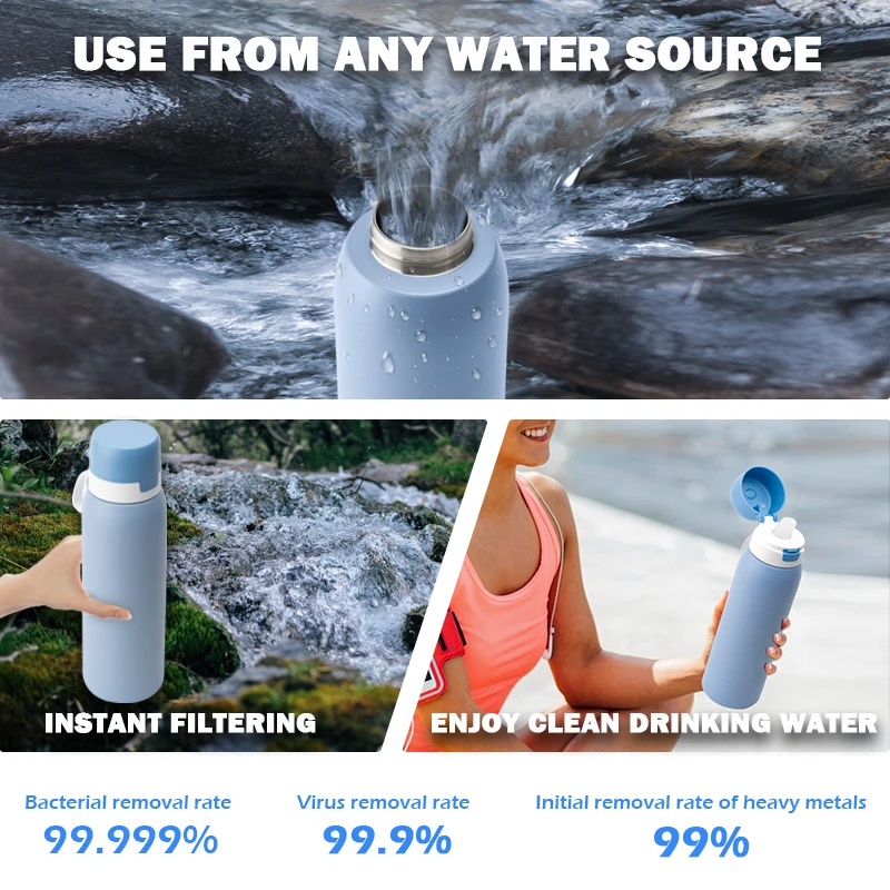 Factory Price 304 Stainless Steel Portable Outdoor Hiking Camping Drinking Self Filtering Activated Carbon Filtered Water Bottle