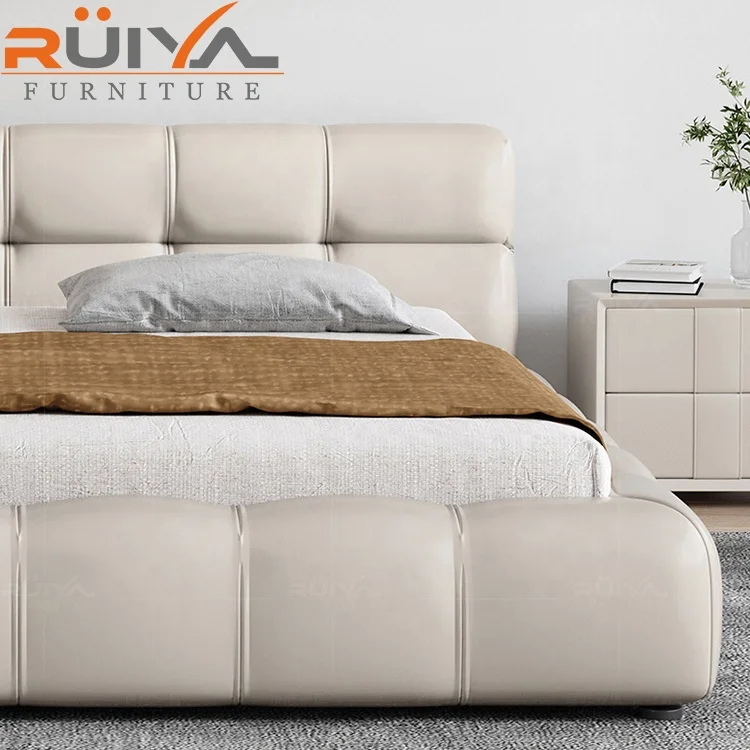 Modern Luxury Upholstered puff design white leather bed set low white leather bed headboard