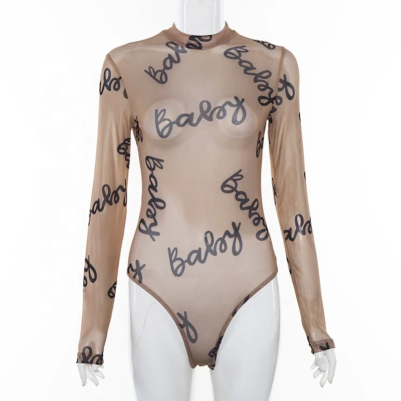 Private Label Custom sexy print long sleeve see though mesh bodycon Bodysuit for women