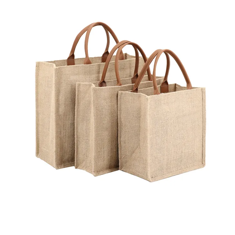 Оптовая продажа, Экологически чистая маленькая красивая сумка-тоут для покупок на органических продуктах, 50 кг, джутовые сумки на шнурке с кожаной ручкой