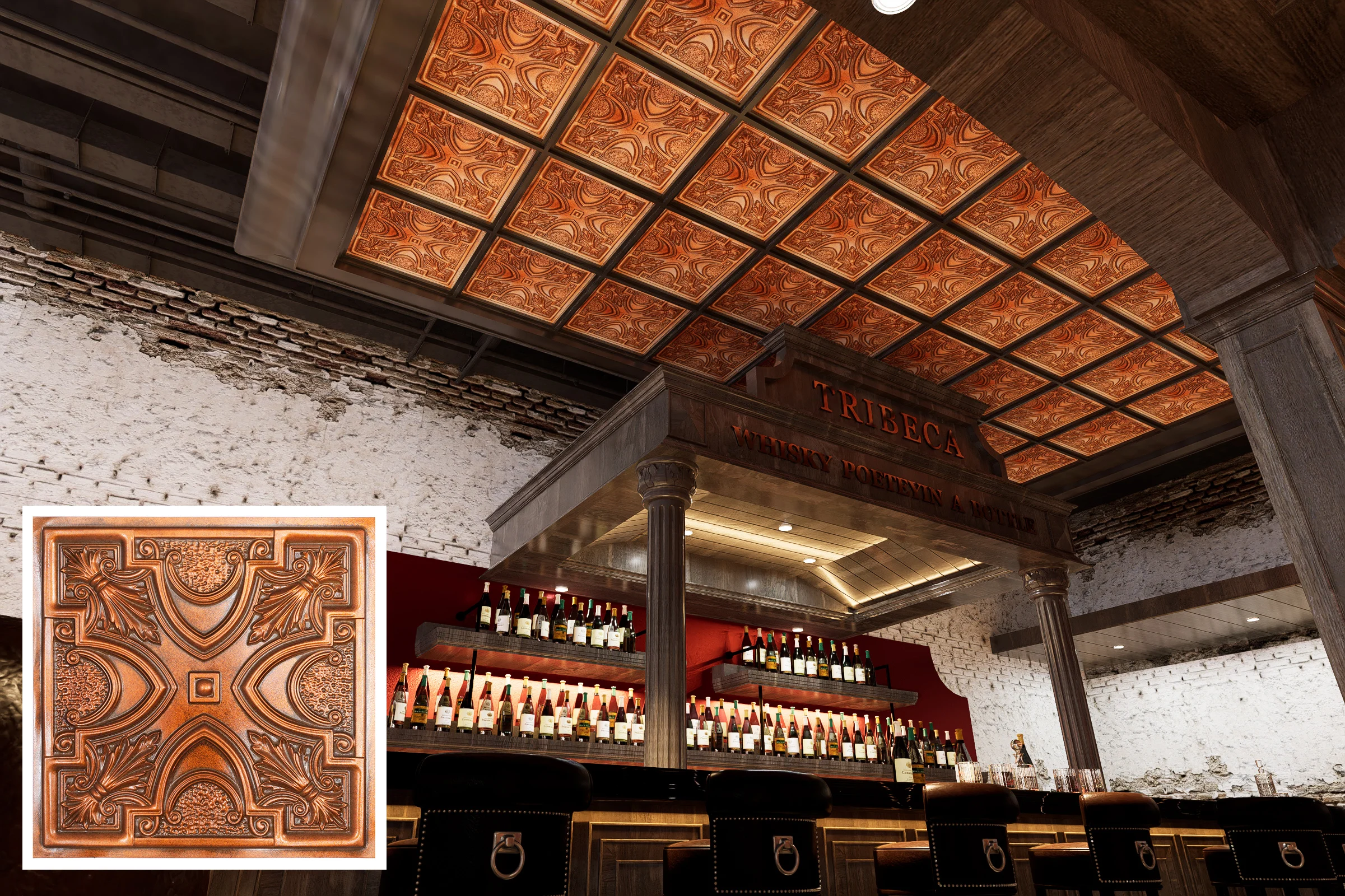 Vintage Ceiling Tin Tiles 3D Embossed Wall Board Drop in Ceiling Panels PL11 Archaic Copper