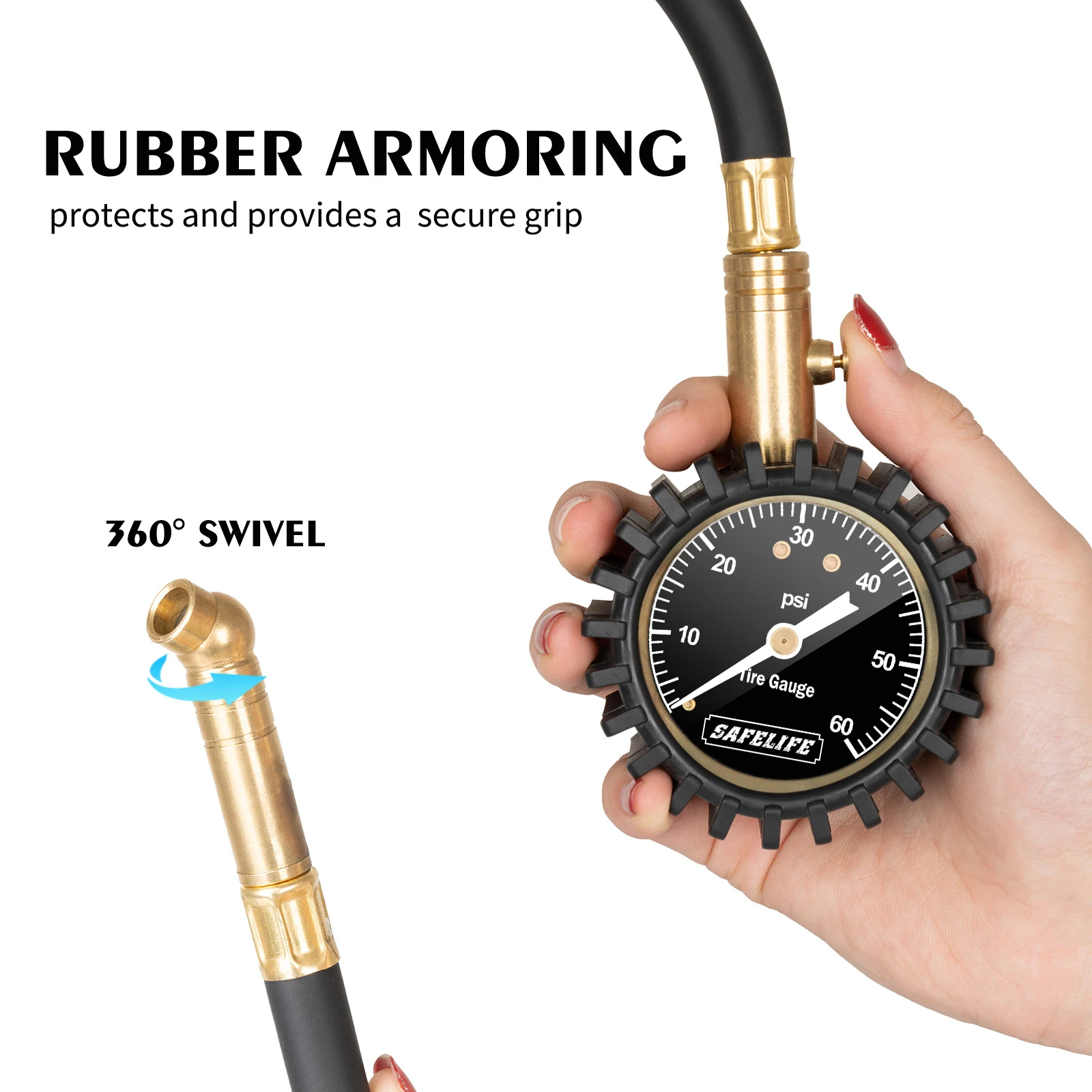 Tire Pressure Gauge, Glow Dial Gauge with Flexible Hose Air Chuck, 0-60 PSI Tire Gauge for Car Truck Bicycle Motorcycle