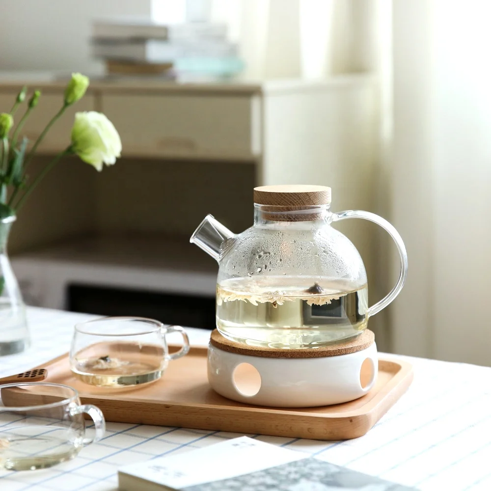 HOT SALES 1L Heat-Resistant Glass Teapot Teaware Set Tea Pot Water Kettle With Wooden Lid Removable Filter Milk Cup Wooden Tray