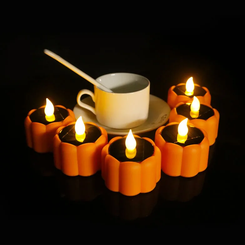 Pumpkin Solar Lantern Tea Lights Candles Rechargeable Flameless Flickering Candle Solar LED Candle Lights for Halloween