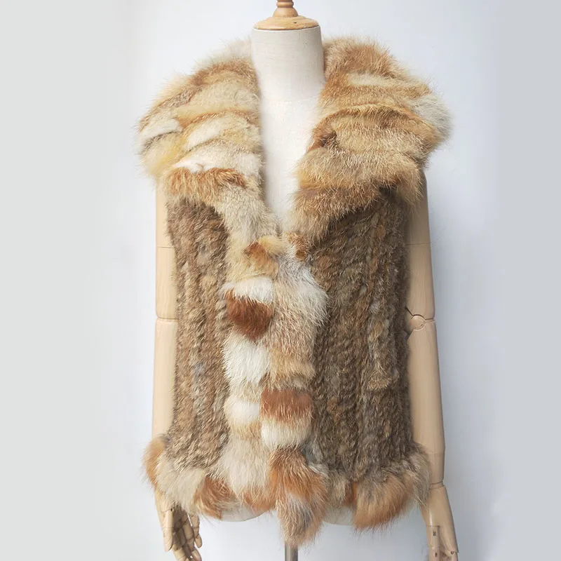 Women Knitted Real Rabbit Fur Vest With Real Fox Fur Collar Short Female Genuine Fur Waistcoat Female Sleeveless Jacket