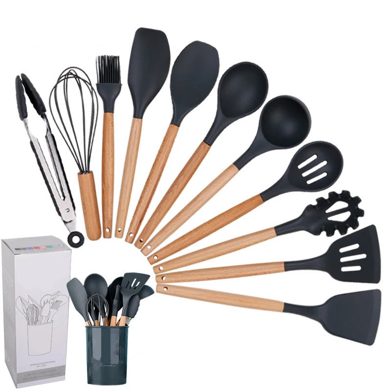 Wholesale private label cooking  conina Non-Stick Heat Resistant wooden 11 12pcs silicone kitchen utensils