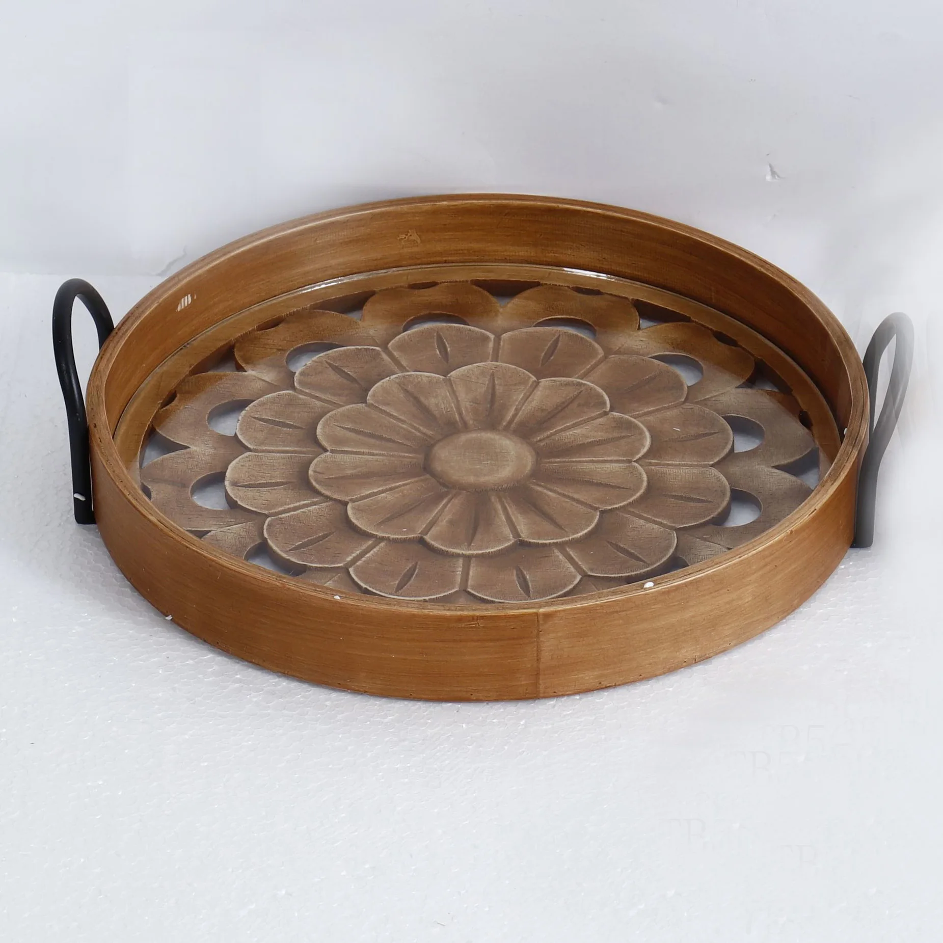 Home Accessories Decoration Glass Top S/2 Round Wooden Tray For Home Decor