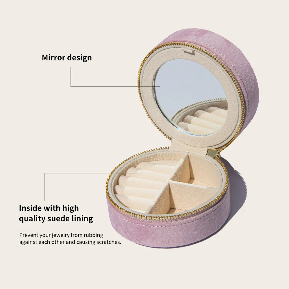 Small round mirror design jewelry storage organizer travel luxury velvet custom jewelry box