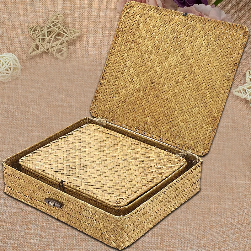 Woven wicker storage box multifunctional home storage box with cover, suitable for storing woven baskets on shelves