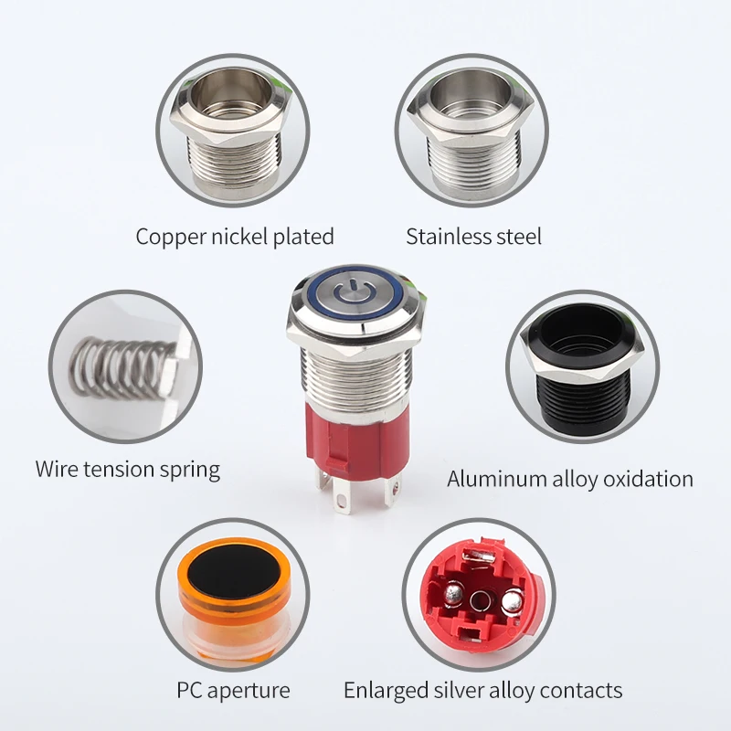 Push Button Switch Momentary Led Push Button Switch with Connector LED Ring Light-emitting Power Symbol Waterproof Metal 16 Mm