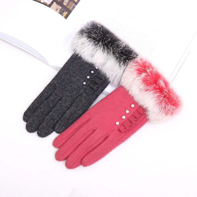 Custom Fashion Colorful Fluffy Rabbit Fur Cuff Gloves for Ladies Winter Woolen Warm Gloves for Women with Custom Label