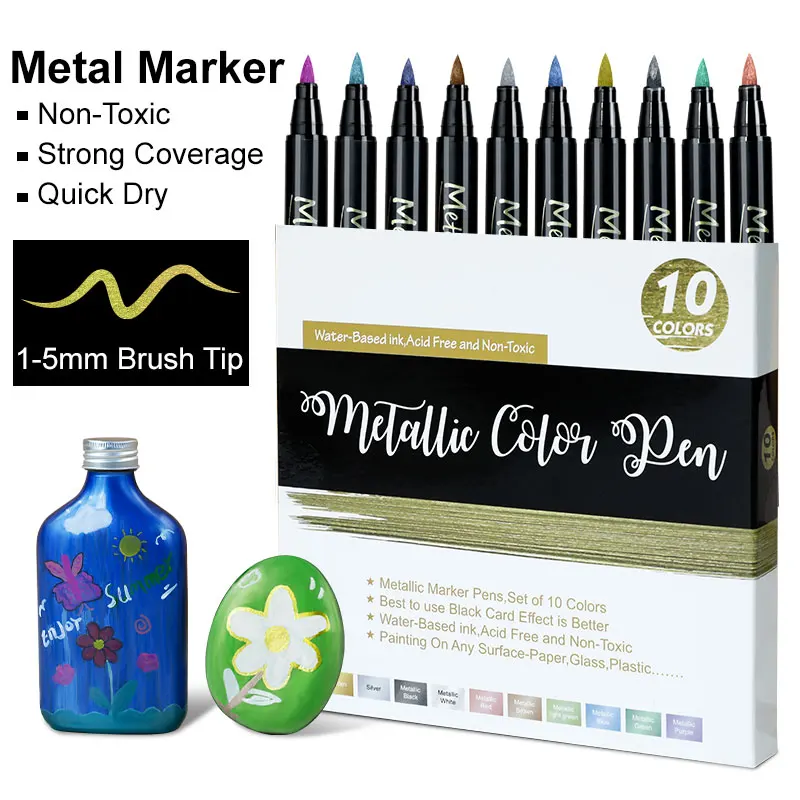 Hot Selling Metallic Paint Markers Brush Tip Art Permanent Metallic Ink Marker Pens for Rock Painting Black Paper Photo