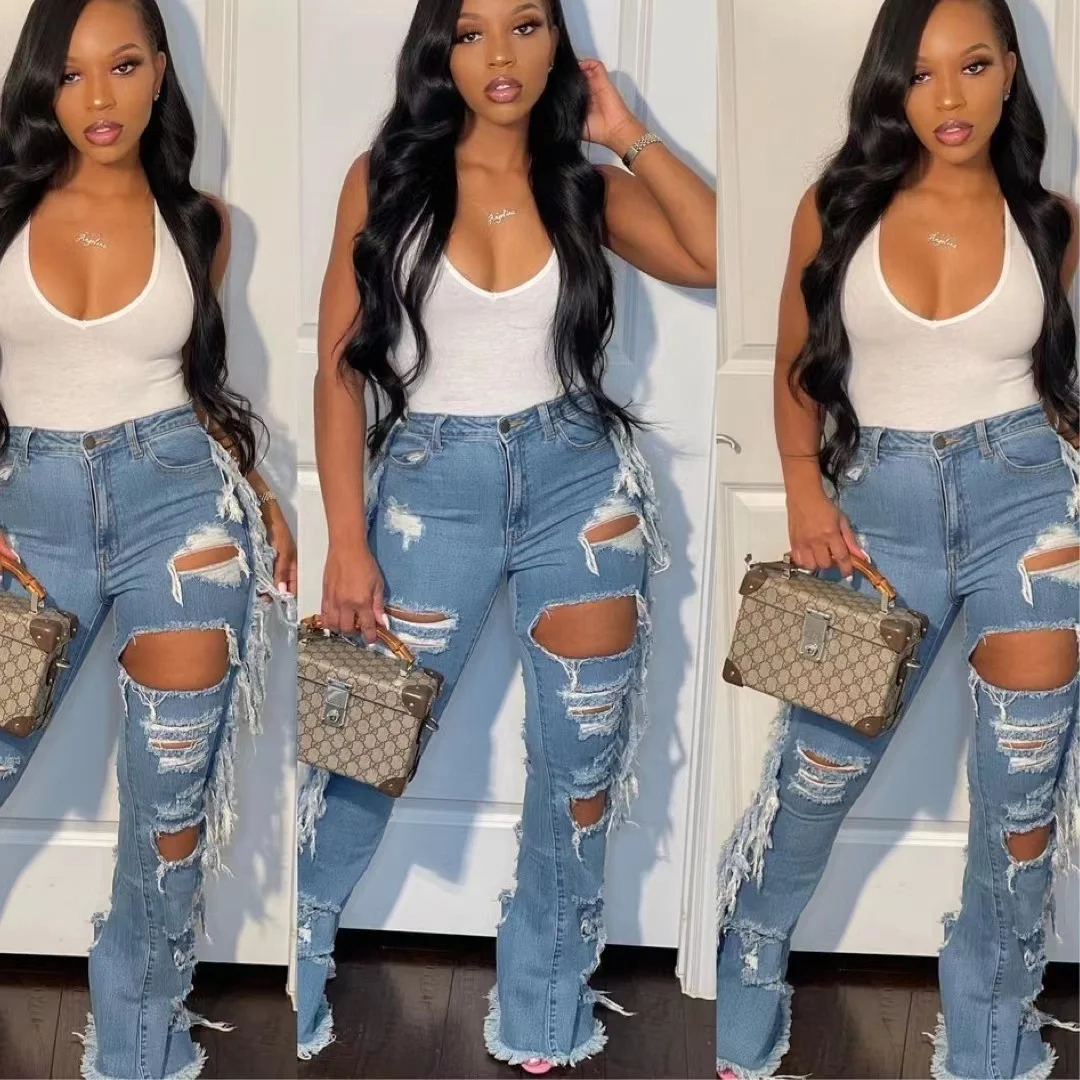 OUDINA Hot Selling Broken Hole Washed Tassels Long Ripped  Denim Pant Tassel Flare Fringe Women Pants Jeans