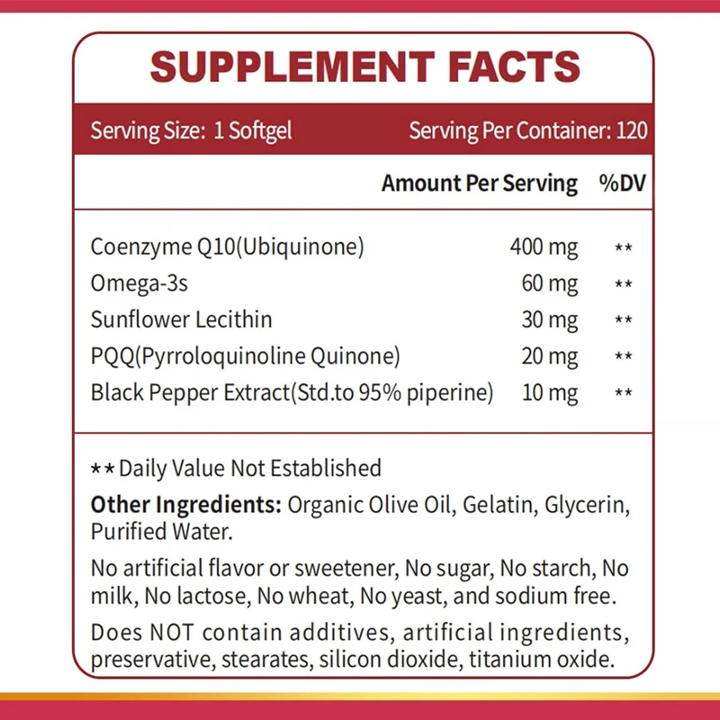 OEM ODM Organic CoQ10 Softgels with PQQ BioPerine & Omega-3 Support Heart & Energy Powerful-Antioxidant Coenzyme Q10 Supplement
