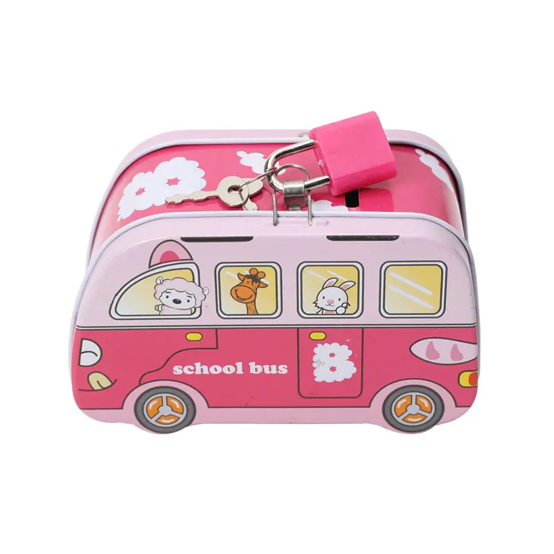 TOPSTHINK Metal bus large lid locked money box coin piggy bank for boys girls