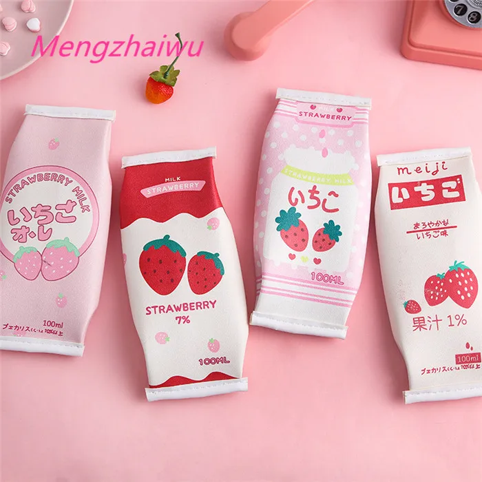 Japan kawaii school supplies list of stationery for kids girls sweet pink Strawberry cute zipper pencil case leather pen bag