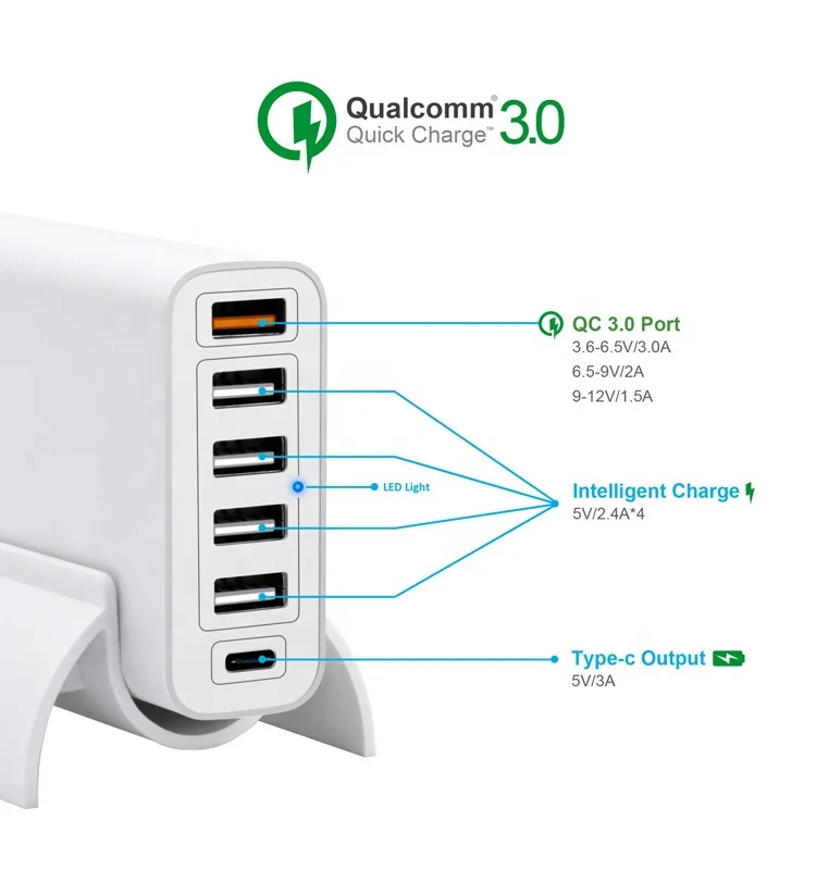 Hunda 2020 Горячие продукты 60 Вт Портативный Multi 6 портов smart Type C QC3.0 зарядная станция 5V 2.4A настольное зарядное