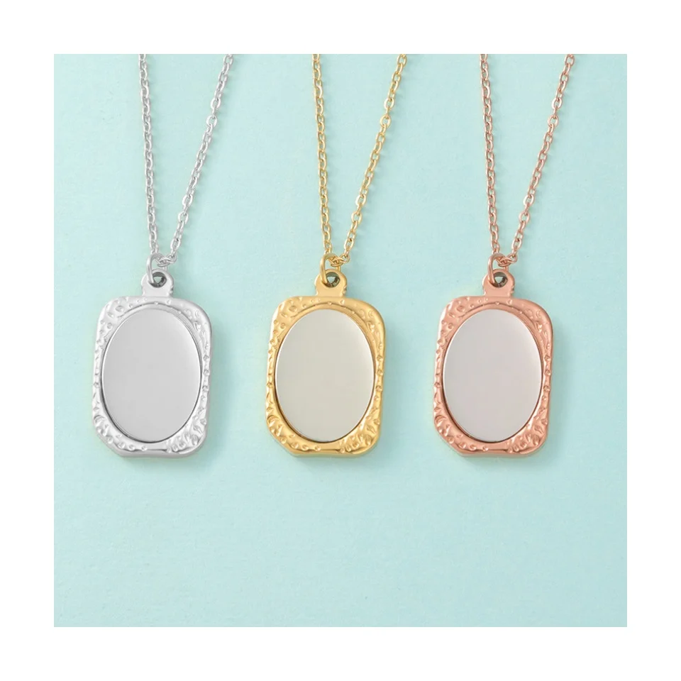 Stainless Steel Engraved Custom Mirror Surface Photo Frame Necklace Vintage Jewelry Square Mirror Surface Pendant Necklace