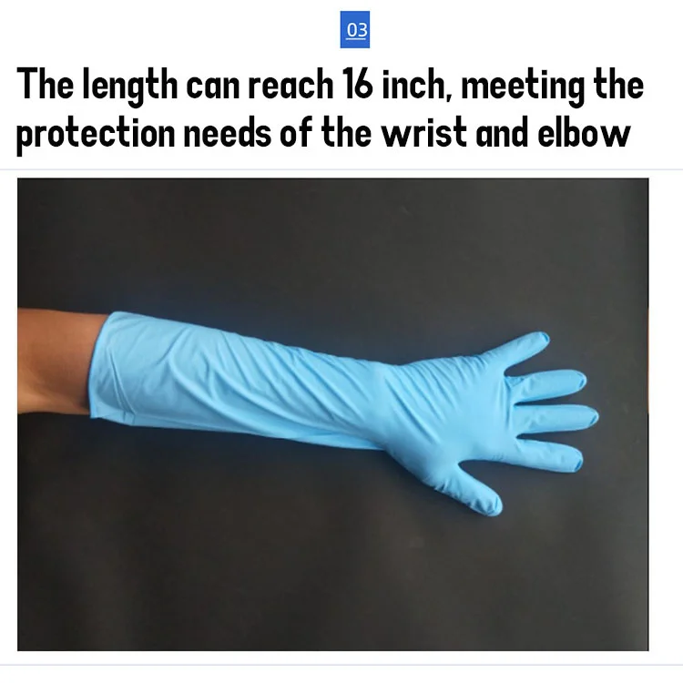 Custom waterproof 16 inch 6 mil cleanroom lab nitrile antistatic touch screen long safety work chemical elbow length gloves