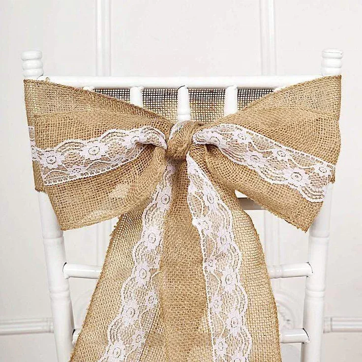 5x108 in Natural Burlap Chair Sash with White Floral Lace